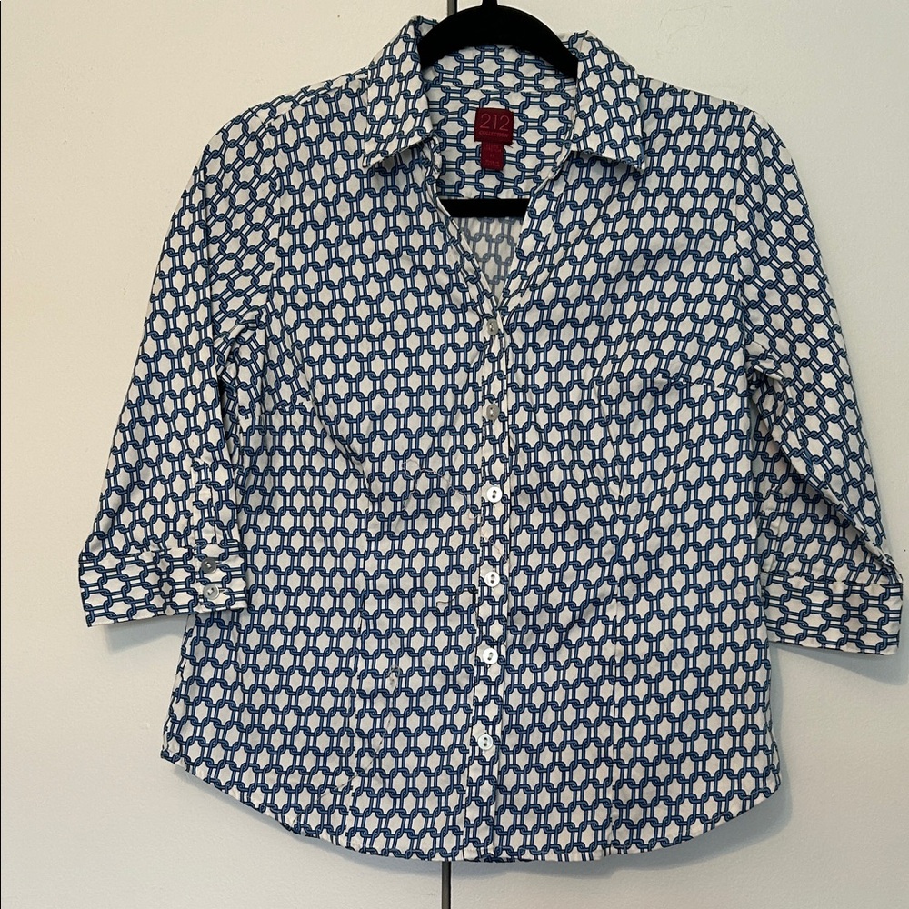 212 Collection White Button-Down Shirt with Navy Geometric Print